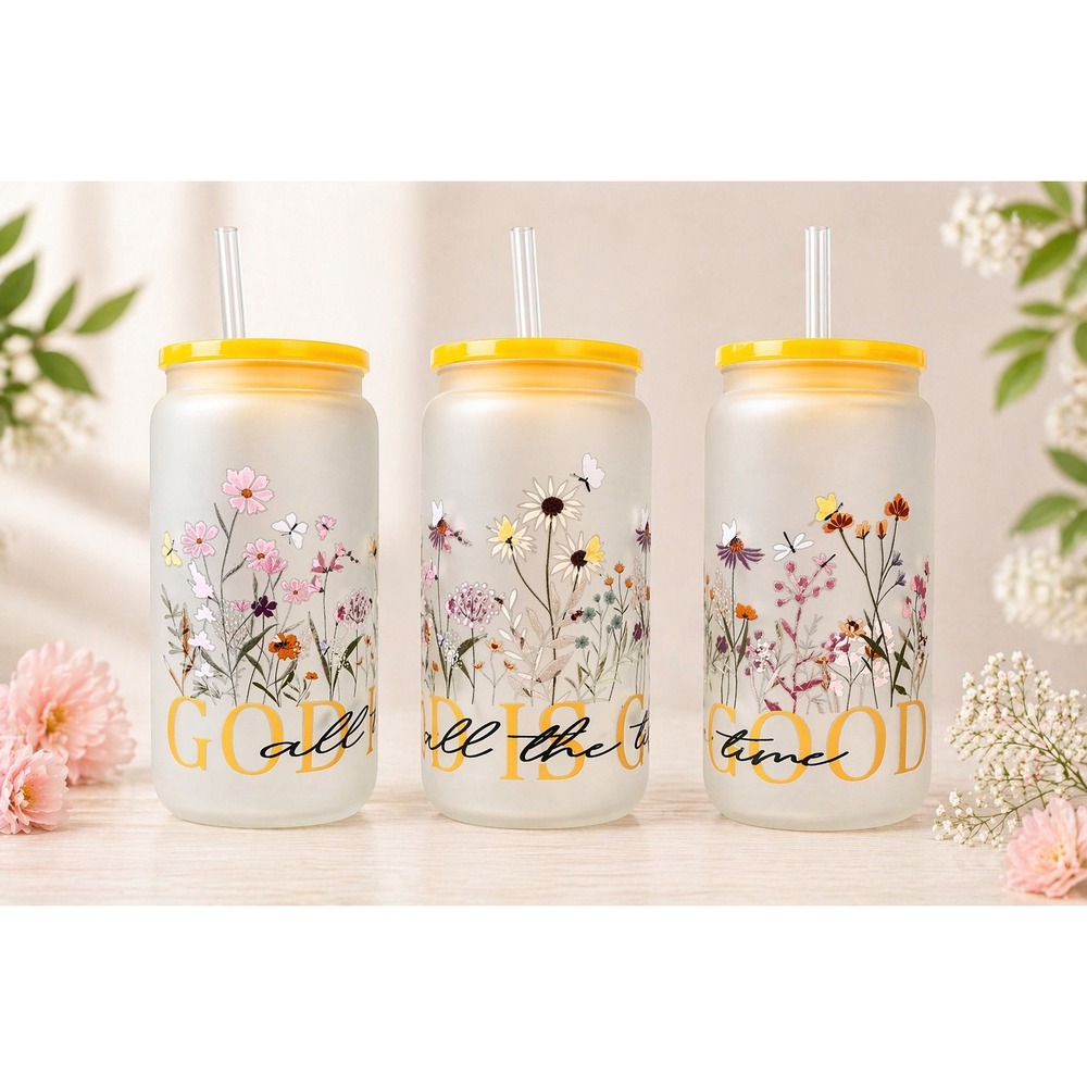 God Is Good‎ Frosted Glass Tumbler with Straw, Floral Faith Cup